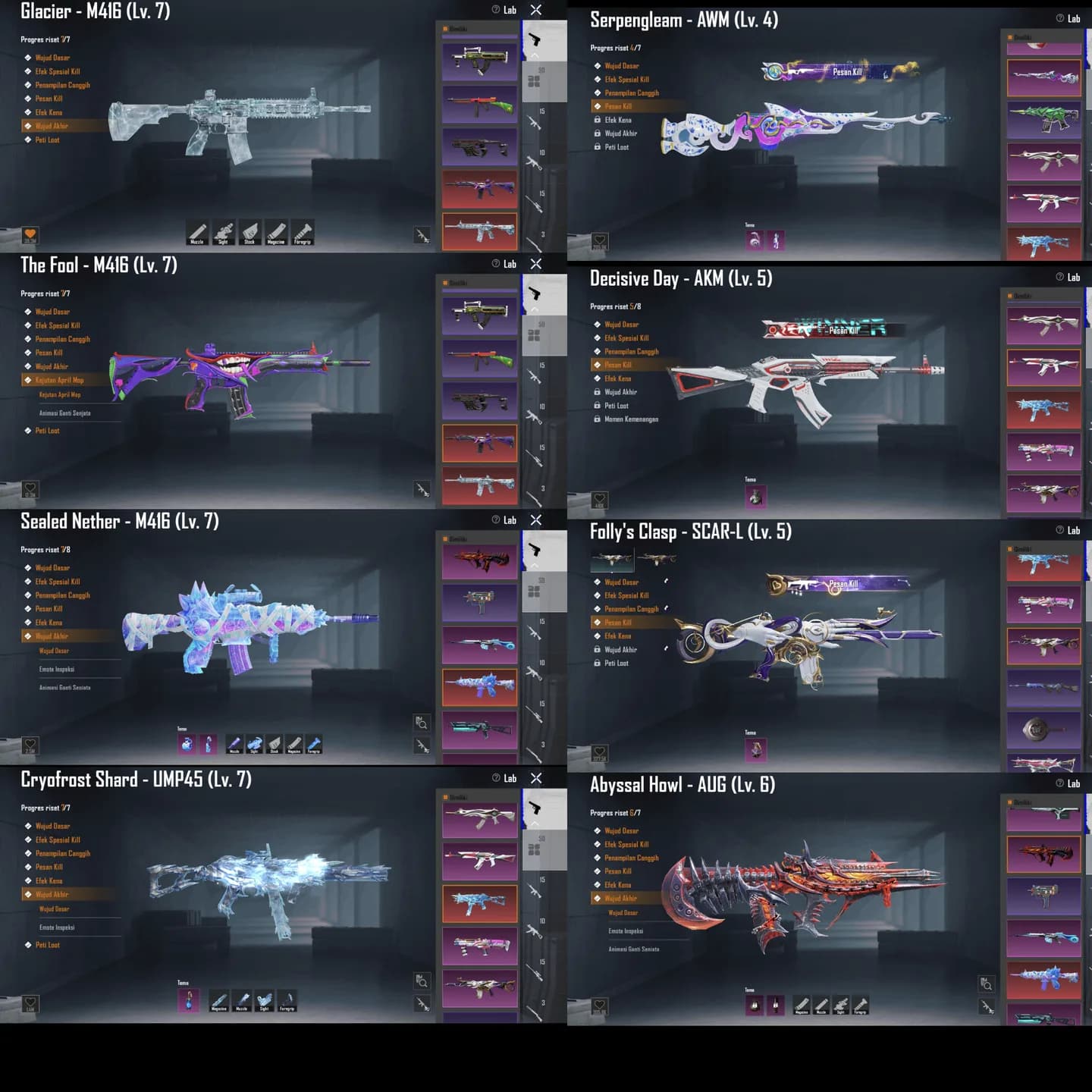 4 Xsuit, 4 Supercar, 3 M4 Max, 1 Honor, 2 Gilt, Aug Abysal Lvl. 6 - 2