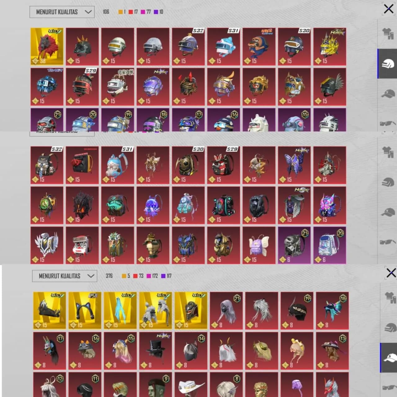 Koleksi Lvl. 80, 101 Weapon Lab, 42 Killmess, 21 Max & 9 X-suit + 18 Gilt - 2