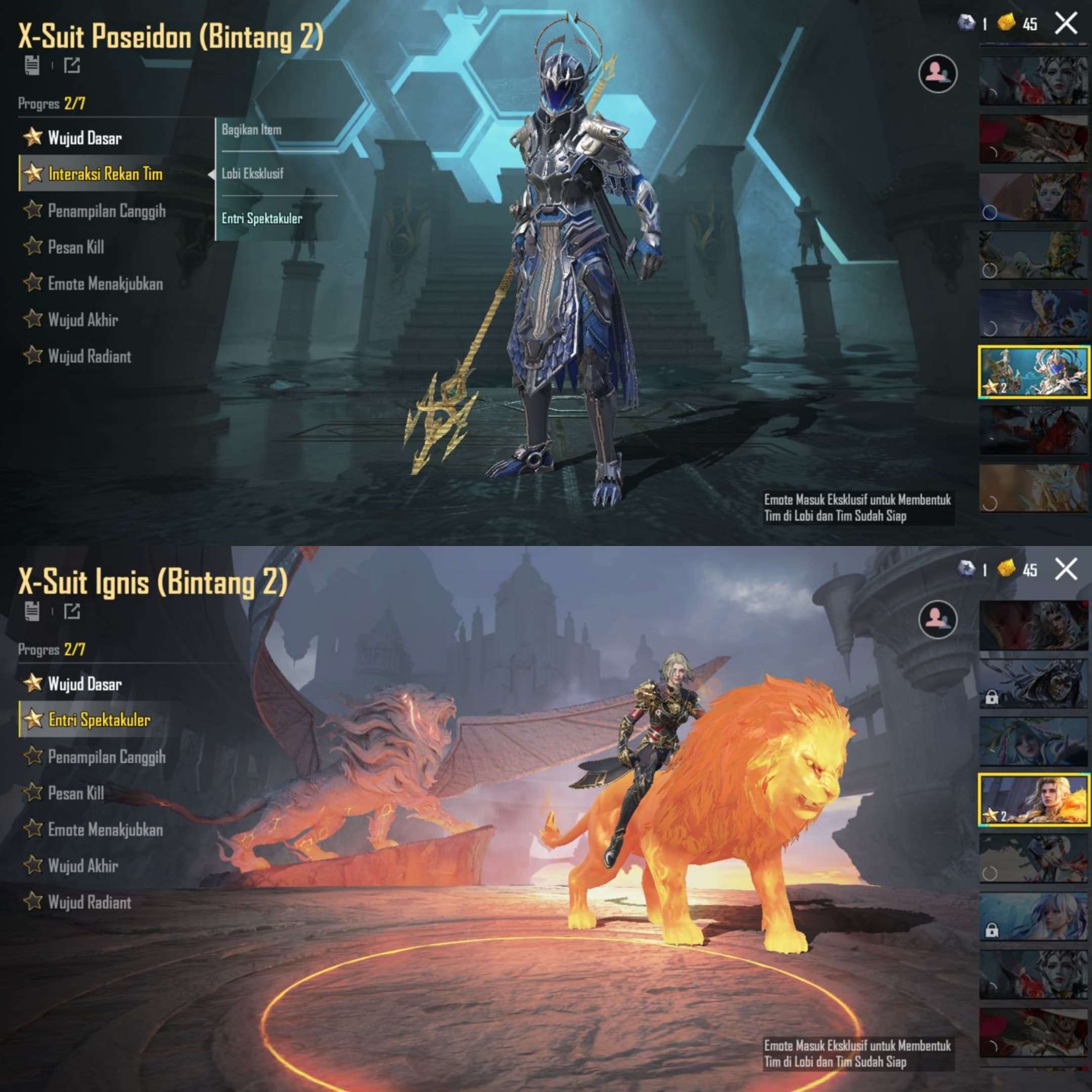 X-suit Ignis & Poseidon Lvl. 2, The Fool Lvl. 4
